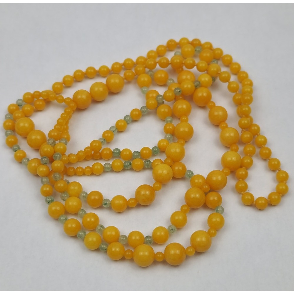 Vintage Graduated Yellow Stone Look 5 Strand Necklace Green Accent Beads - Picture 2 of 13